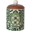 imageCreative CoOp Green Stoneware Canister with Botanical Design and Acacia Wood Lid SmallCanister