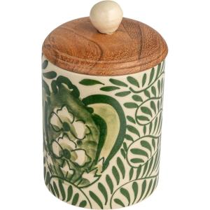 imageCreative CoOp Green Stoneware Canister with Botanical Design and Acacia Wood Lid SmallCanister
