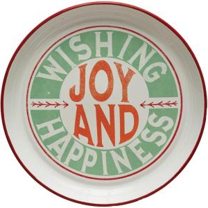 imageCreative CoOp Round Enameled Tray with Red Rim quotWishing Joy And Happinessquot Message Multicolor