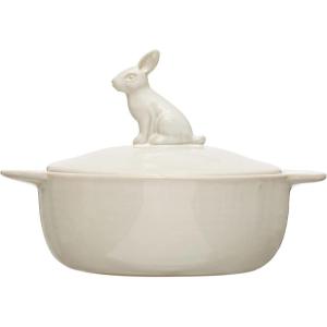 imageCreative CoOp Stoneware Bake Pan with Lid and Decorative Rabbit White