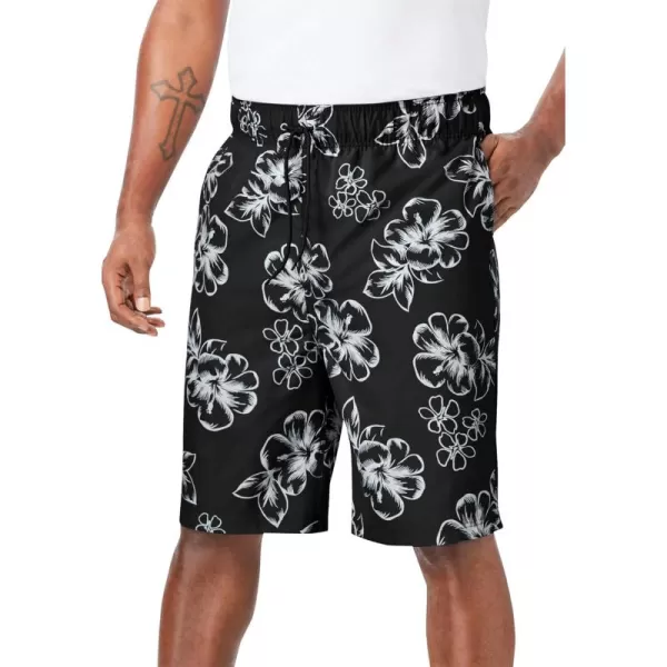 KingSize Mens Big ampamp Tall Hibiscus Print 8quot Swim TrunksBlack Hibiscus