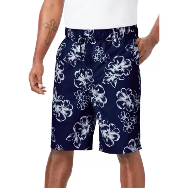 KingSize Mens Big ampamp Tall Hibiscus Print 8quot Swim TrunksNavy Hibiscus