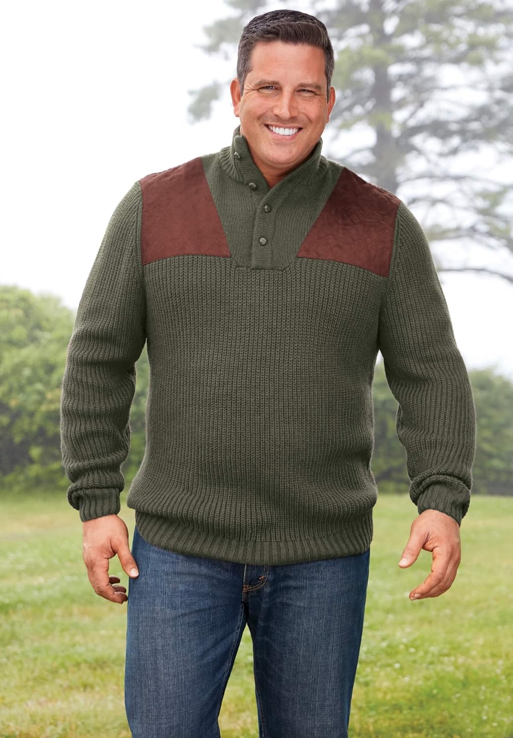 Boulder Creek by Kingsize Mens Big ampamp Tall Patch Sweater with Mock NeckDark Brown