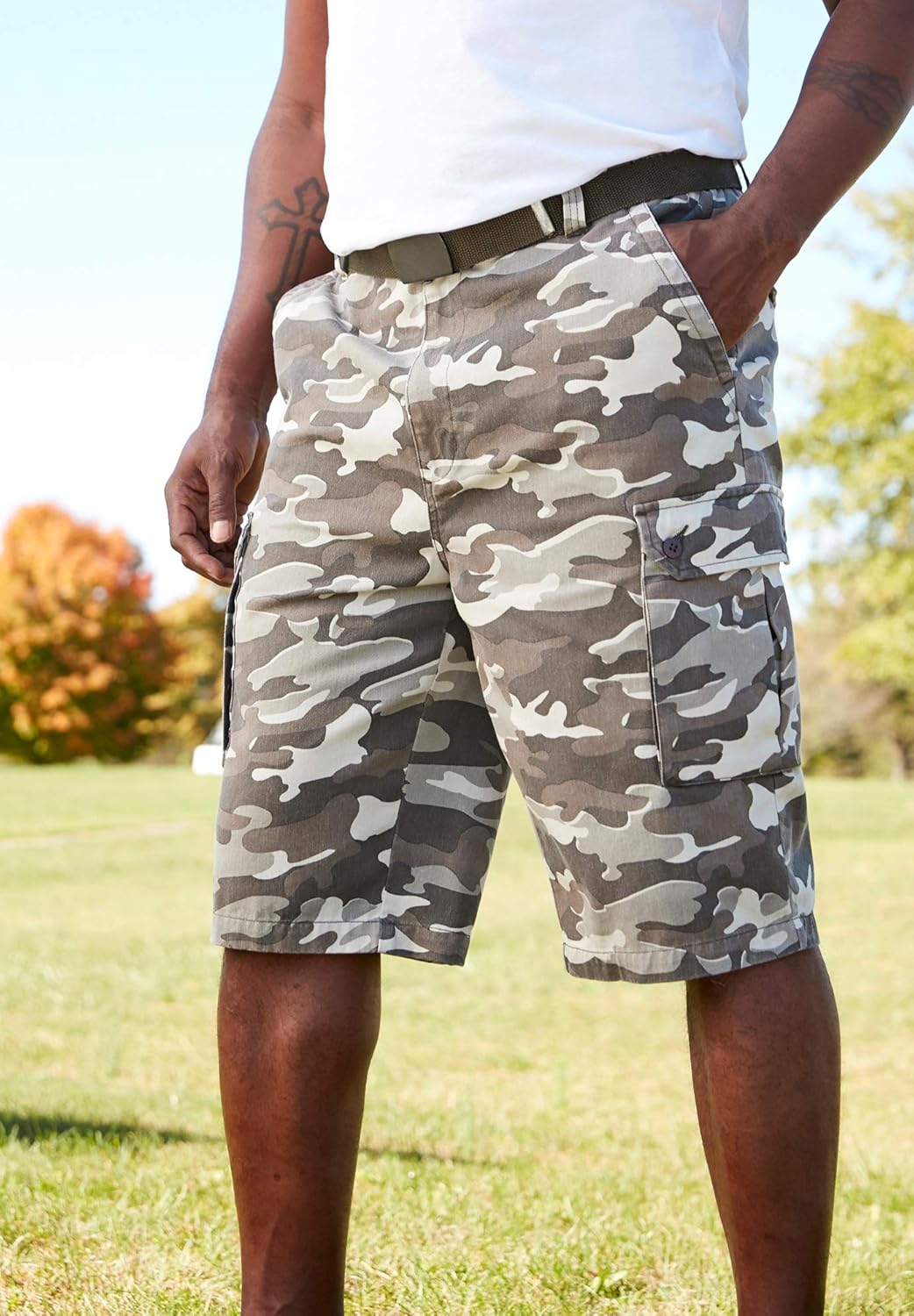 KingSize Mens Big ampamp Tall 12quot Side Elastic Cargo Short with Twill BeltBlack Camo