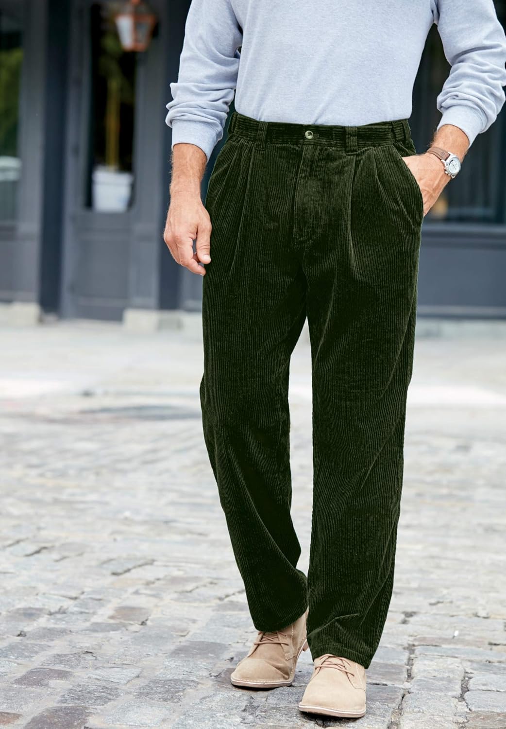 KingSize Mens Big ampamp Tall Expandable Waist Corduroy PleatFront PantsCharcoal Olive
