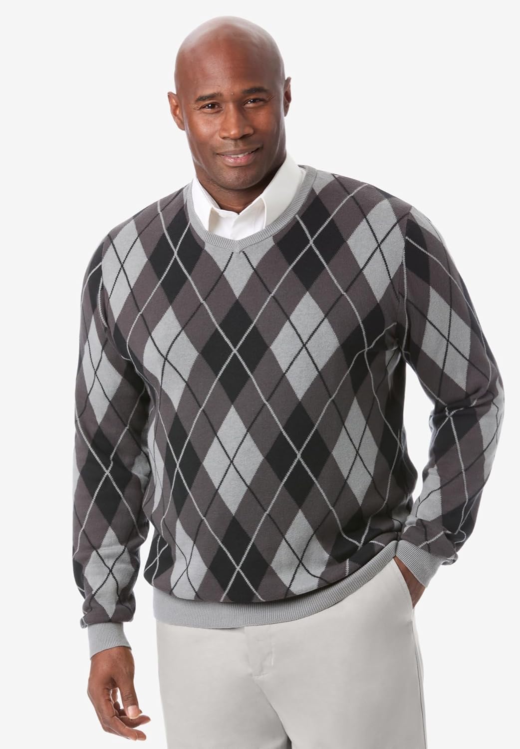 KingSize Mens Big ampamp Tall Tall VNeck Argyle SweaterGrey Argyle