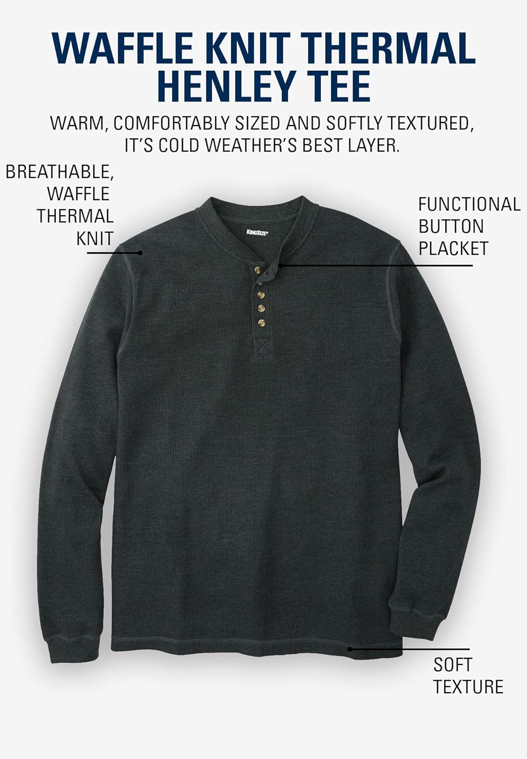 KingSize Mens Big ampamp Tall Tall WaffleKnit Thermal Henley TeeWhite