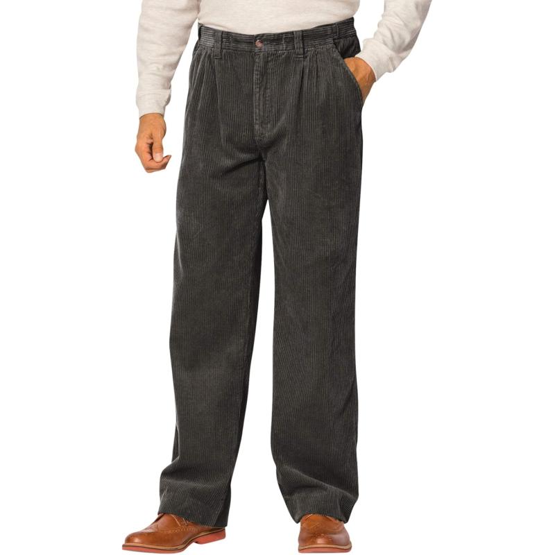 KingSize Mens Big ampamp Tall Expandable Waist Corduroy PleatFront PantsCharcoal Olive