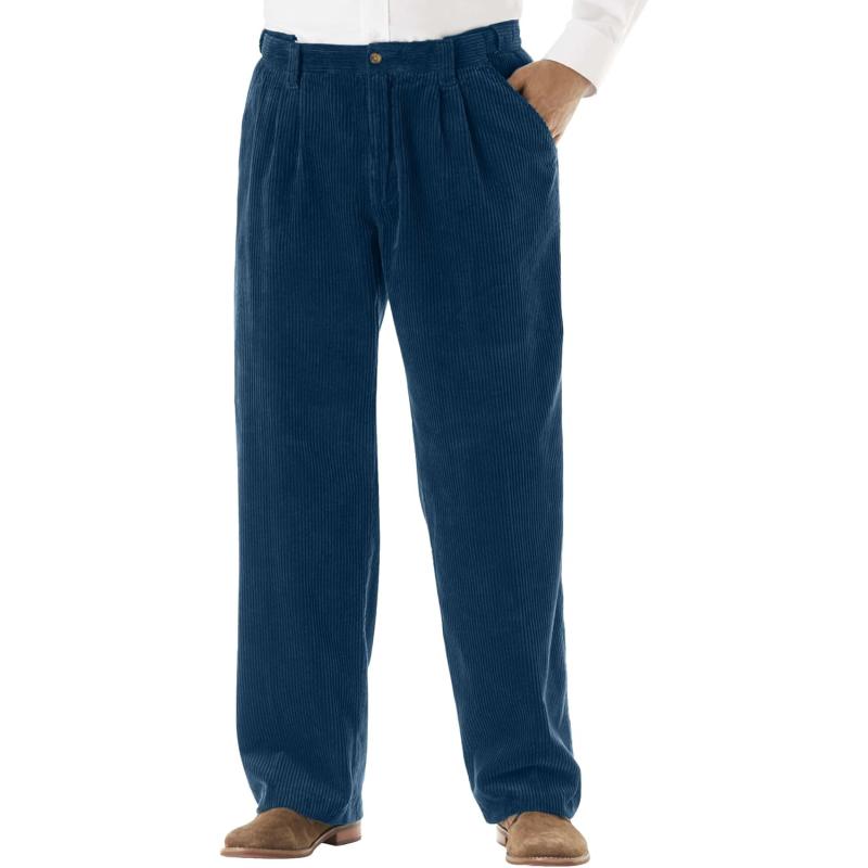 KingSize Mens Big ampamp Tall Expandable Waist Corduroy PleatFront PantsNavy