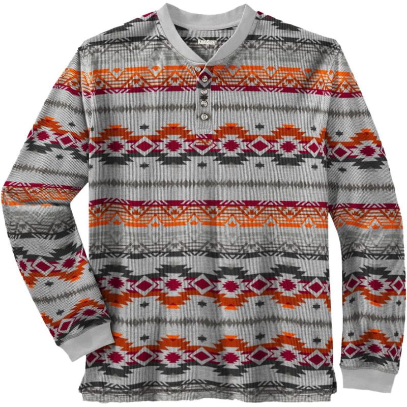 KingSize Mens Big ampamp Tall Tall WaffleKnit Thermal Henley TeeGrey Aztec Print