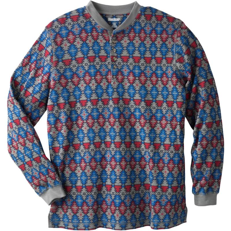 KingSize Mens Big ampamp Tall Tall WaffleKnit Thermal Henley TeeNavy Burgundy Aztec