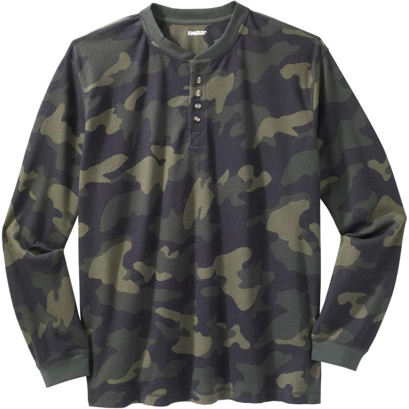 KingSize Mens Big ampamp Tall Tall WaffleKnit Thermal Henley TeeOlive Camo 5626