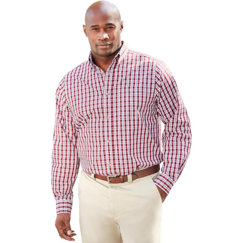 KingSize Mens Bigampamp Tall Long Sleeve Wrinkle Free Sport ShirtRich Burgundy Plaid