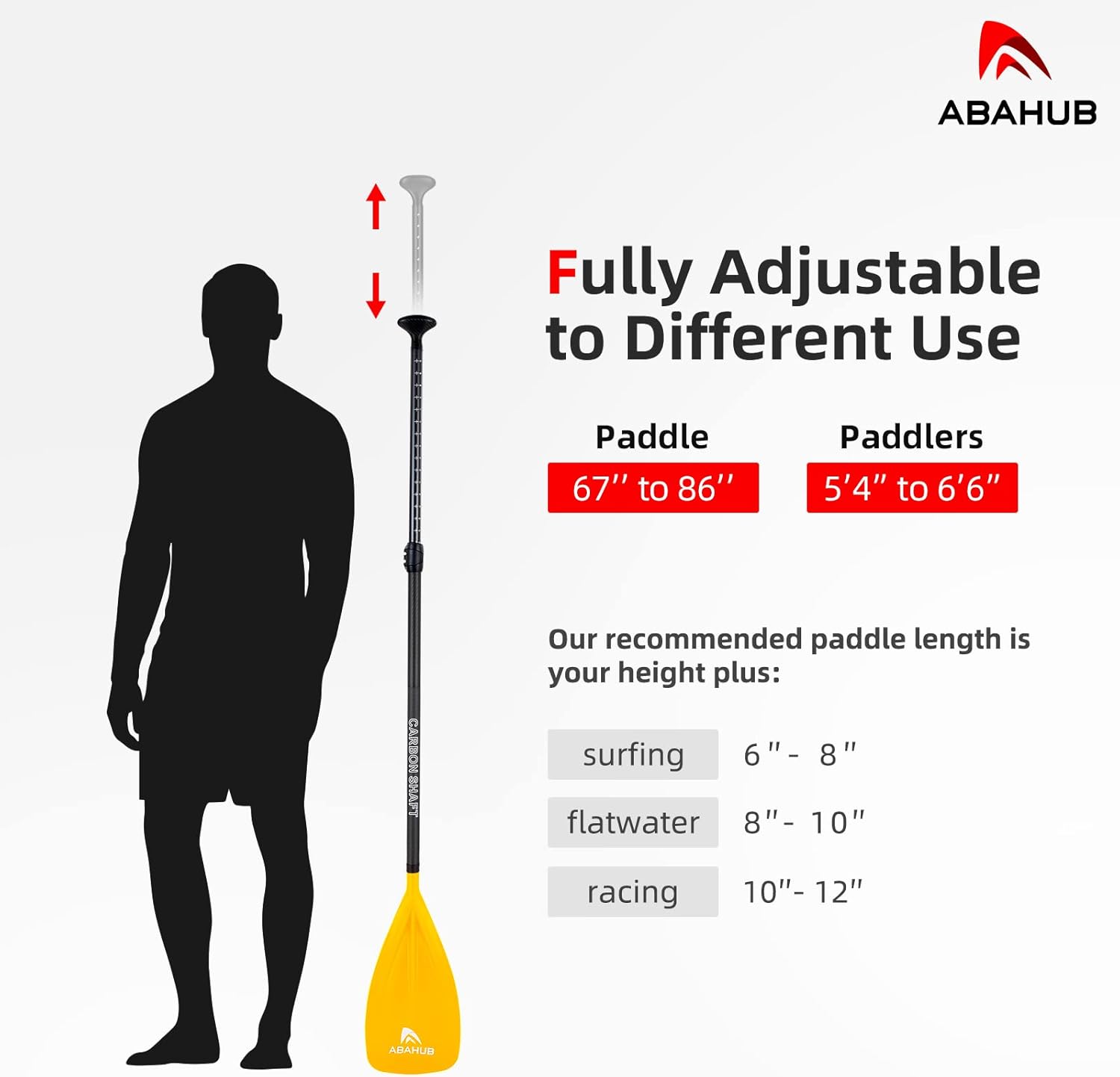 Abahub 1 x 3 Section Carbon Fiber SUP Paddle Adjustable 6786 Stand Up Paddle Lightweight Carbon Shaft BlackBlueYellowGreenOrangeRed Plastic Blade  Paddle BagYellowSUP Paddle