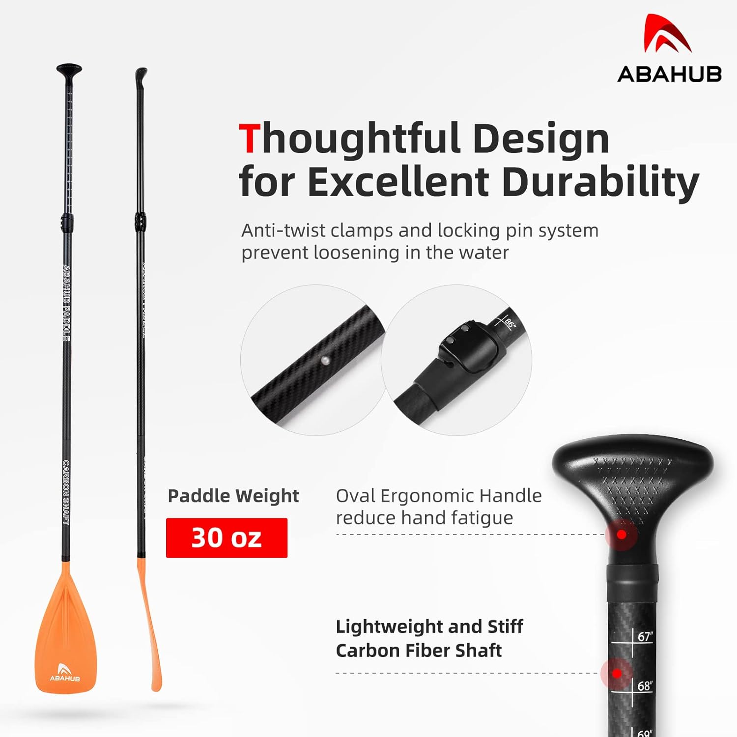 Abahub 1 x 3 Section Carbon Fiber SUP Paddle Adjustable 6786 Stand Up Paddle Lightweight Carbon Shaft BlackBlueYellowGreenOrangeRed Plastic Blade  Paddle BagOrangeSUP Paddle