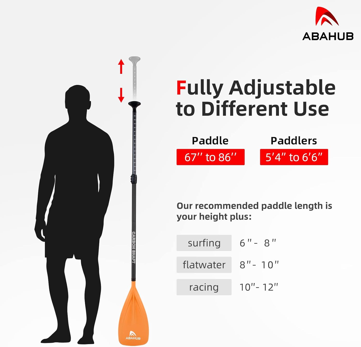 Abahub 1 x 3 Section Carbon Fiber SUP Paddle Adjustable 6786 Stand Up Paddle Lightweight Carbon Shaft BlackBlueYellowGreenOrangeRed Plastic Blade  Paddle BagOrangeSUP Paddle