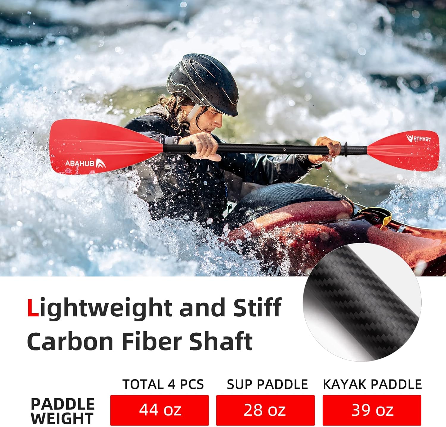 Abahub 1 x 4 Section Carbon SUP PaddleKayak Oar Adjustable Stand up Paddleboard Paddles Lightweight Carbon Shaft BlackBlueGreenGrayOrangeRed Plastic Bladered4 piece sup paddle