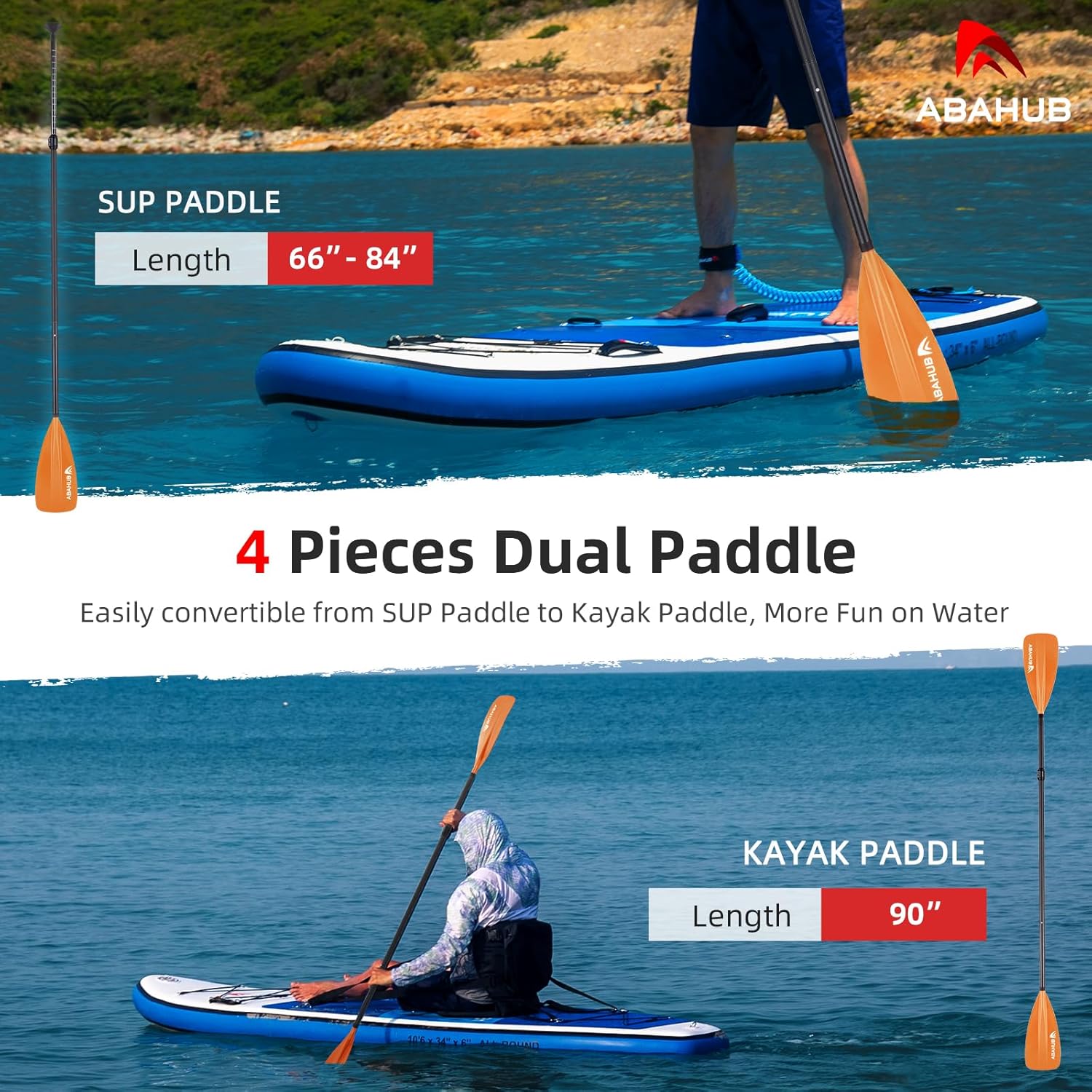 Abahub 1 x 4 Section Carbon SUP PaddleKayak Oar Adjustable Stand up Paddleboard Paddles Lightweight Carbon Shaft BlackBlueGreenGrayOrangeRed Plastic Bladeorange4 piece sup paddle