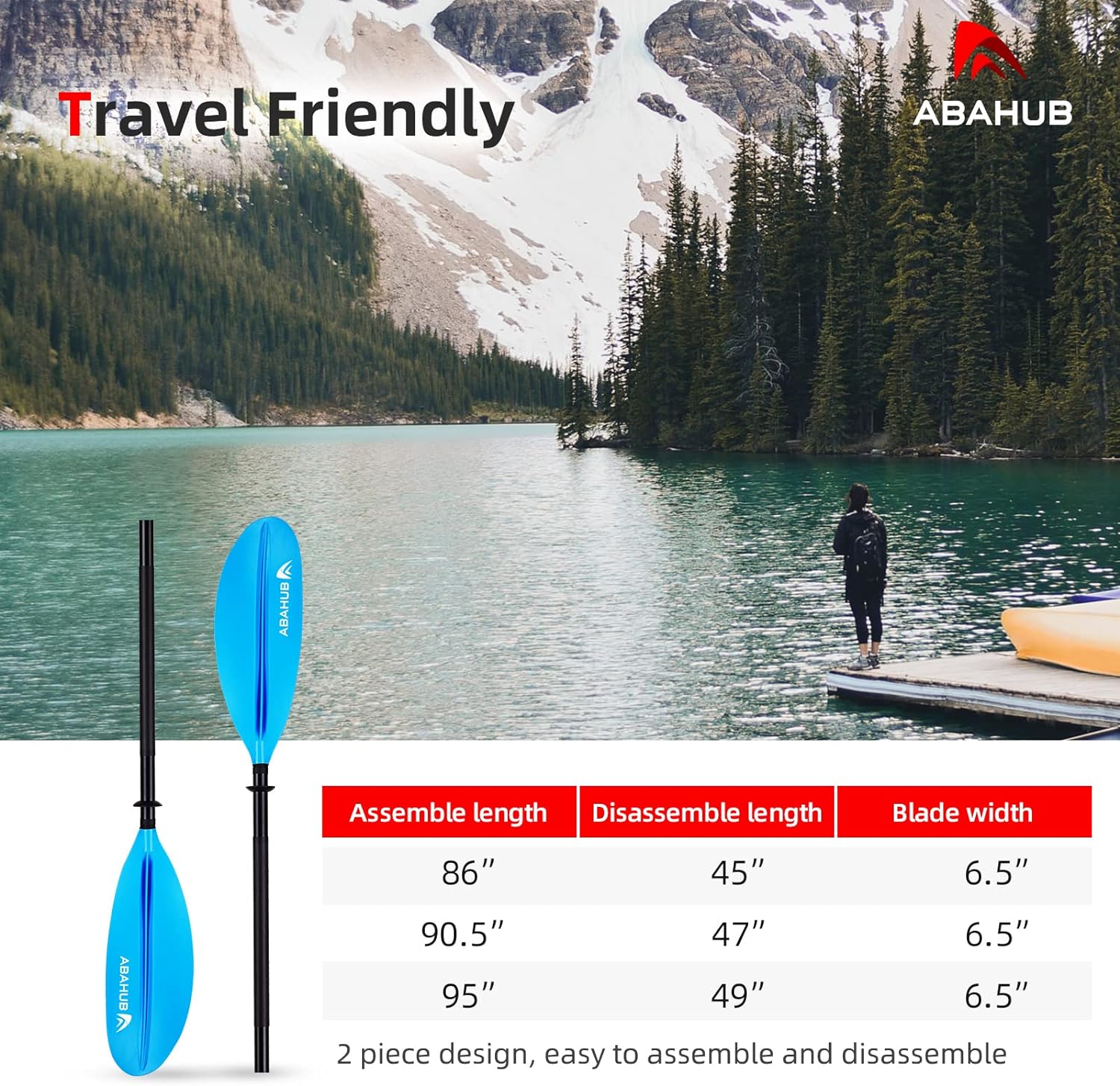 Abahub 1 x Kayak Paddles 905 Inches Kayaking Oars for Boating Canoeing with Free Paddle Leash Aluminum Alloy Shaft BlackBlueGreenOrangeYellow Plastic Bladesblue