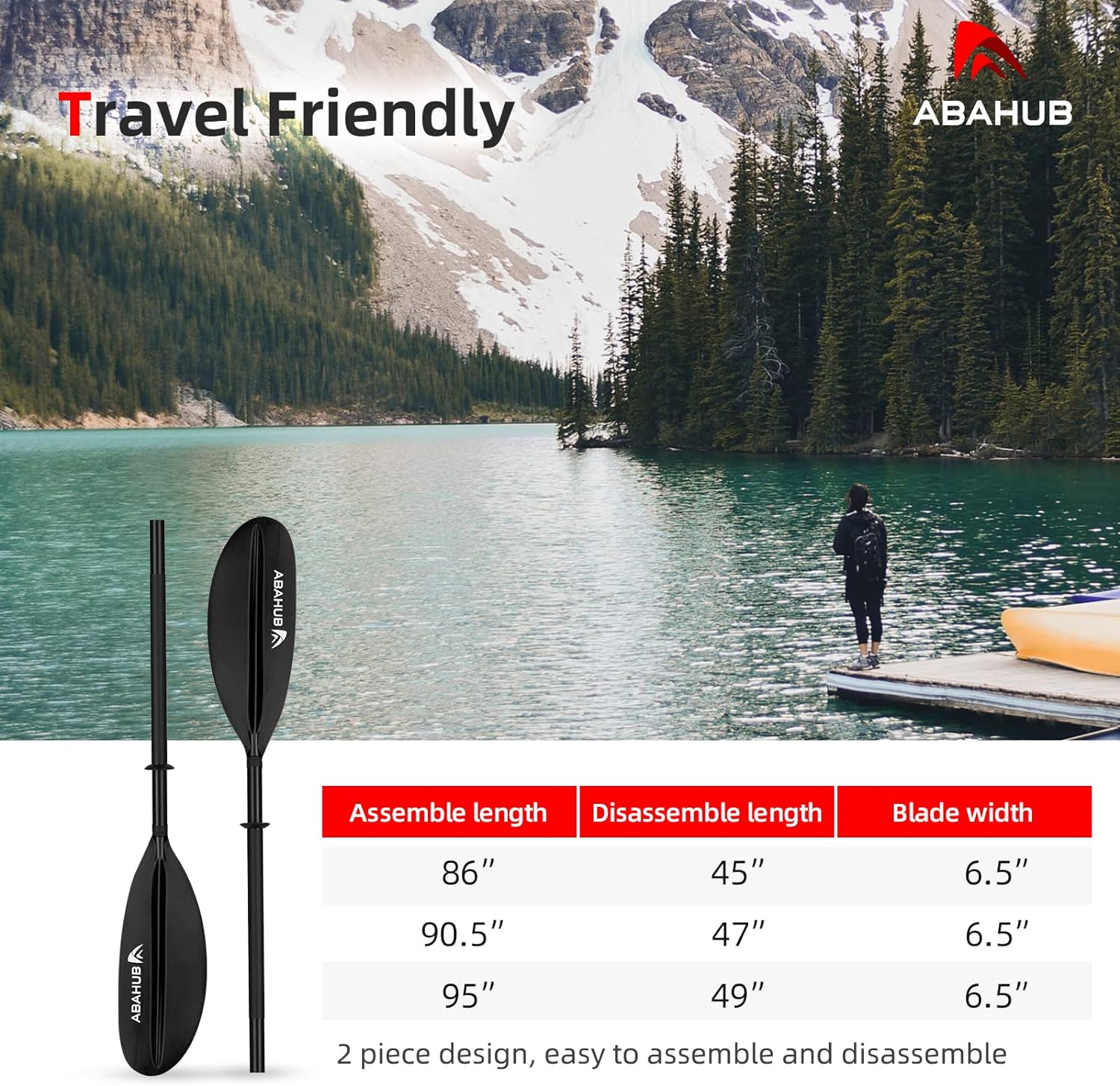 Abahub 1 x Kayak Paddles 905 Inches Kayaking Oars for Boating Canoeing with Free Paddle Leash Aluminum Alloy Shaft BlackBlueGreenOrangeYellow Plastic Bladesblack