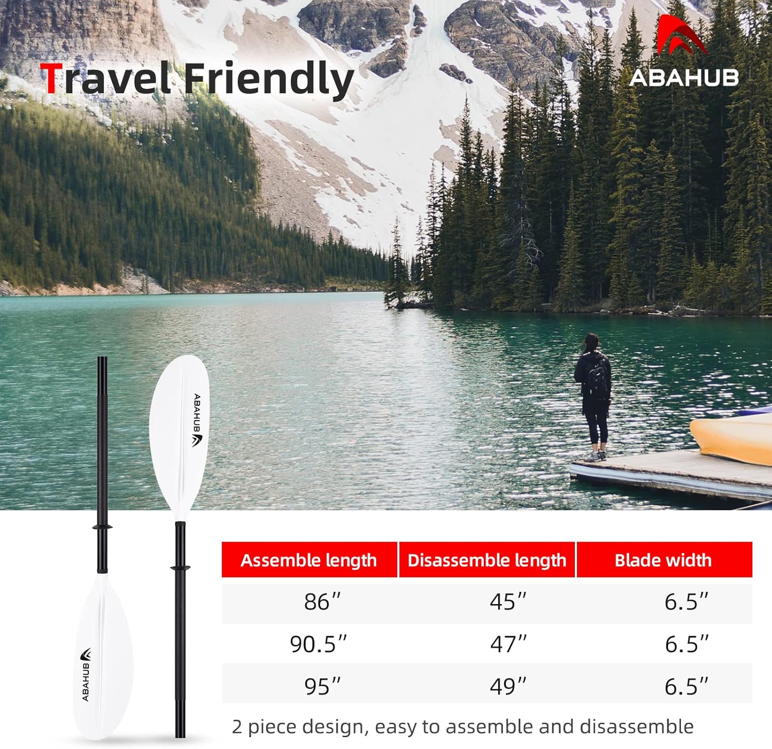 Abahub 1 x Kayak Paddles 905 Inches Kayaking Oars for Boating Canoeing with Free Paddle Leash Aluminum Alloy Shaft BlackBlueGreenOrangeYellow Plastic Bladeswhite