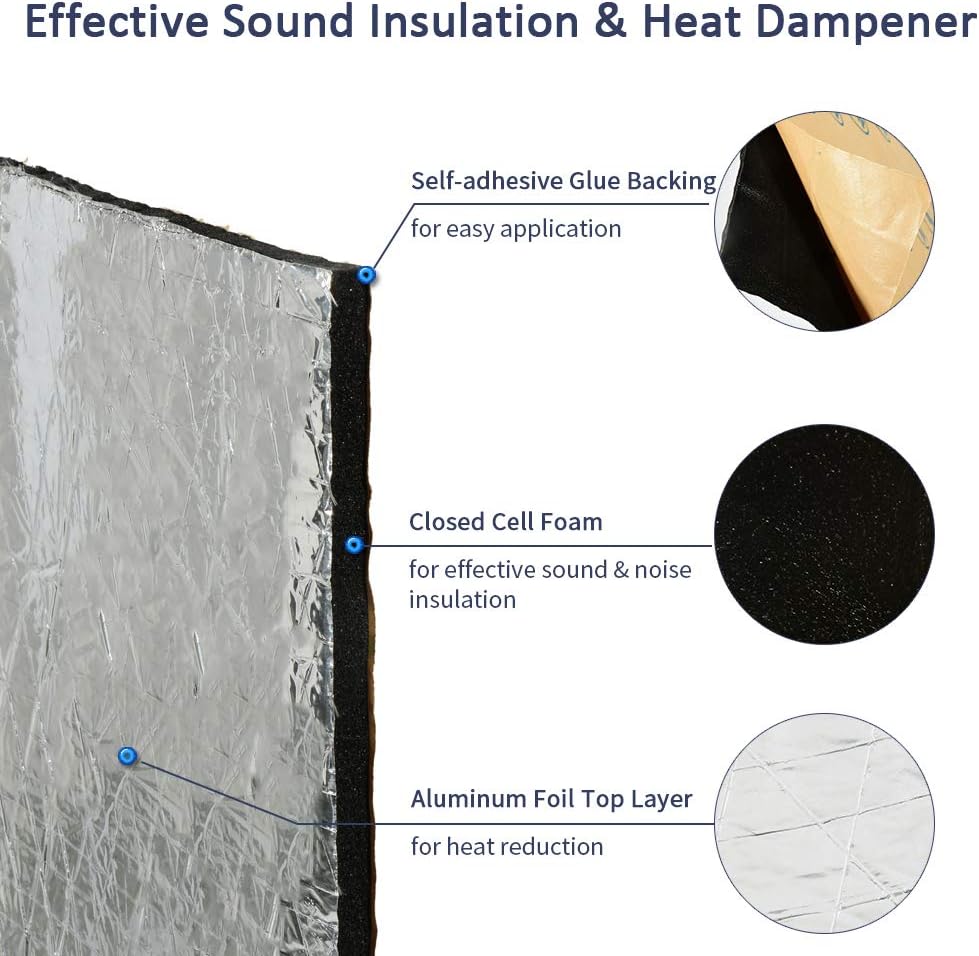 Abahub 236 mil 16 sqft Car Sound Deadener Hood Firewall Heat Shield Insulation Pad Automotive Sound Deadening Mat Aluminum Roll 59quotx39quot10 Ft x 3 Ft x 394mil