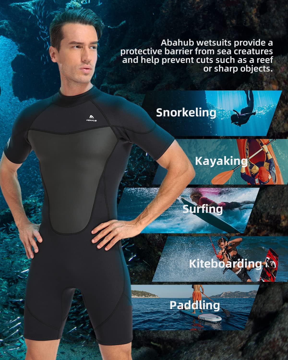 Abahub 23mm Men and Women Shorty Wetsuits 7 Sizes FrontBack Zip Spring Suit for Snorkeling Surfing Kayaking Scuba Diving Short Sleeve Neoprene Wet Suit for Water SportsBlackMen