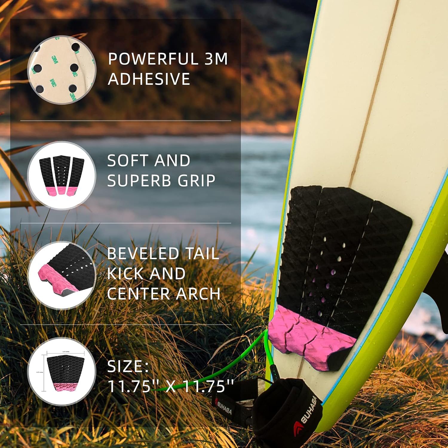 Abahub 3 Piece EVA Surfboard Deck Traction Pads with Kicker for Stomp Skimboards Surf Boards Funboard Fish Board BlackBlueGreenGrayOrangePinkWhiteWine RedPink