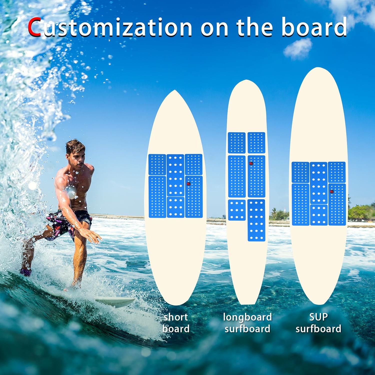 Abahub 9 Piece Surf Deck Traction Pad Premium EVA with Tail Kicker 3M Adhesive for Surfboard Longboard Shortboard Funboard Fish Skimboard BlackBlueBrownGrayWhiteOrangeNavy Blue6 pcsBlue