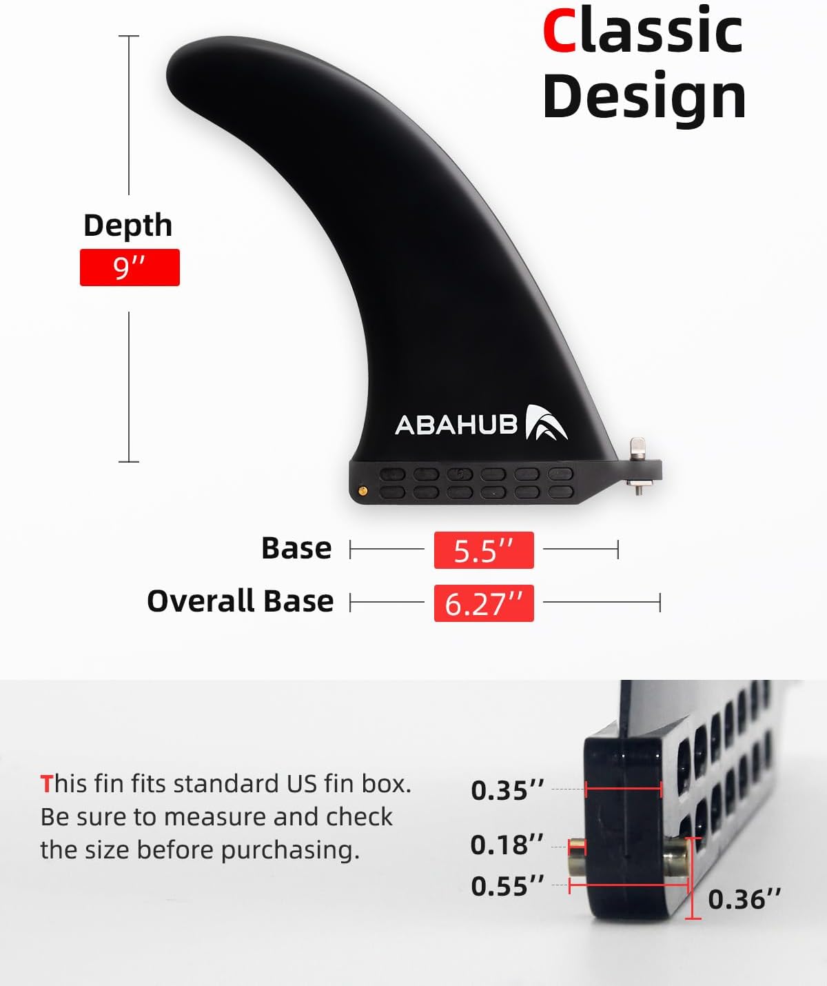 Abahub 9 SUP Single Center Fin No Tool Fin Screw Fiberglass Reinforeced 9 inch SUP Replacement Fins for Surfboard Standup Paddle Board Longboard BlackBlueWhiteblack