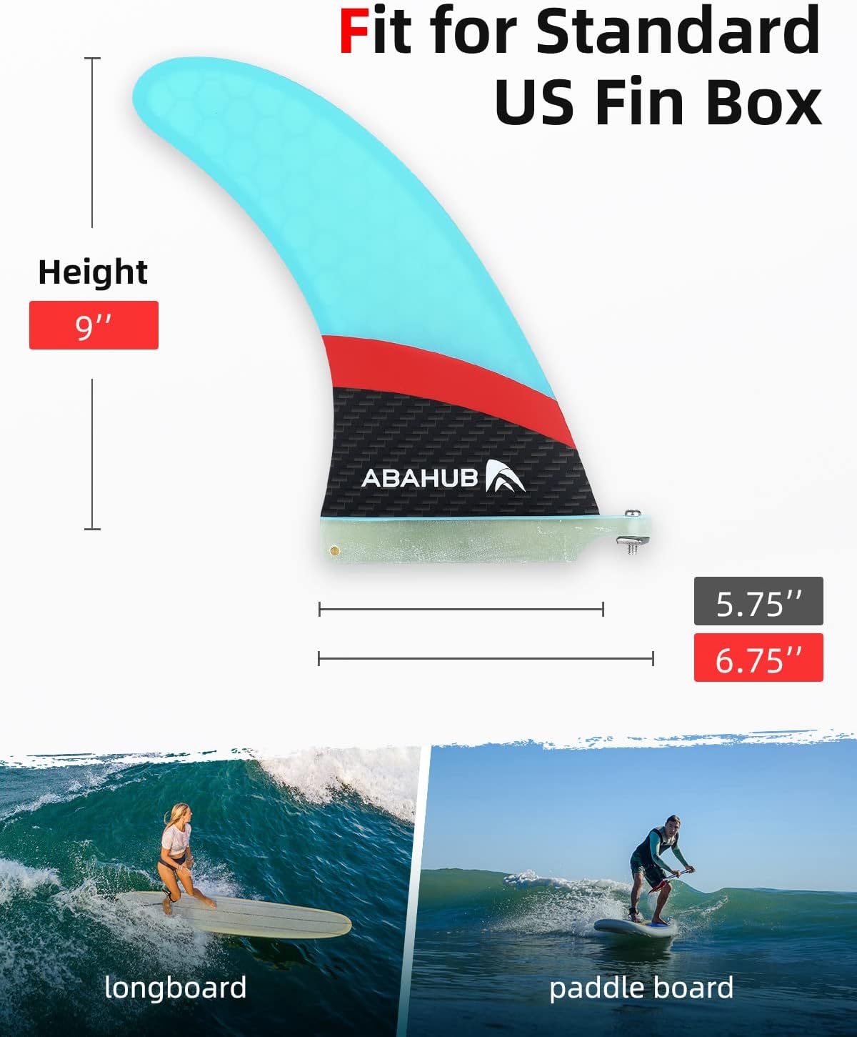 Abahub 9 SUP Single Center Fin No Tool Fin Screw Fiberglass Reinforeced 9 inch SUP Replacement Fins for Surfboard Standup Paddle Board Longboard BlackBlueWhiteFiberglass Blue
