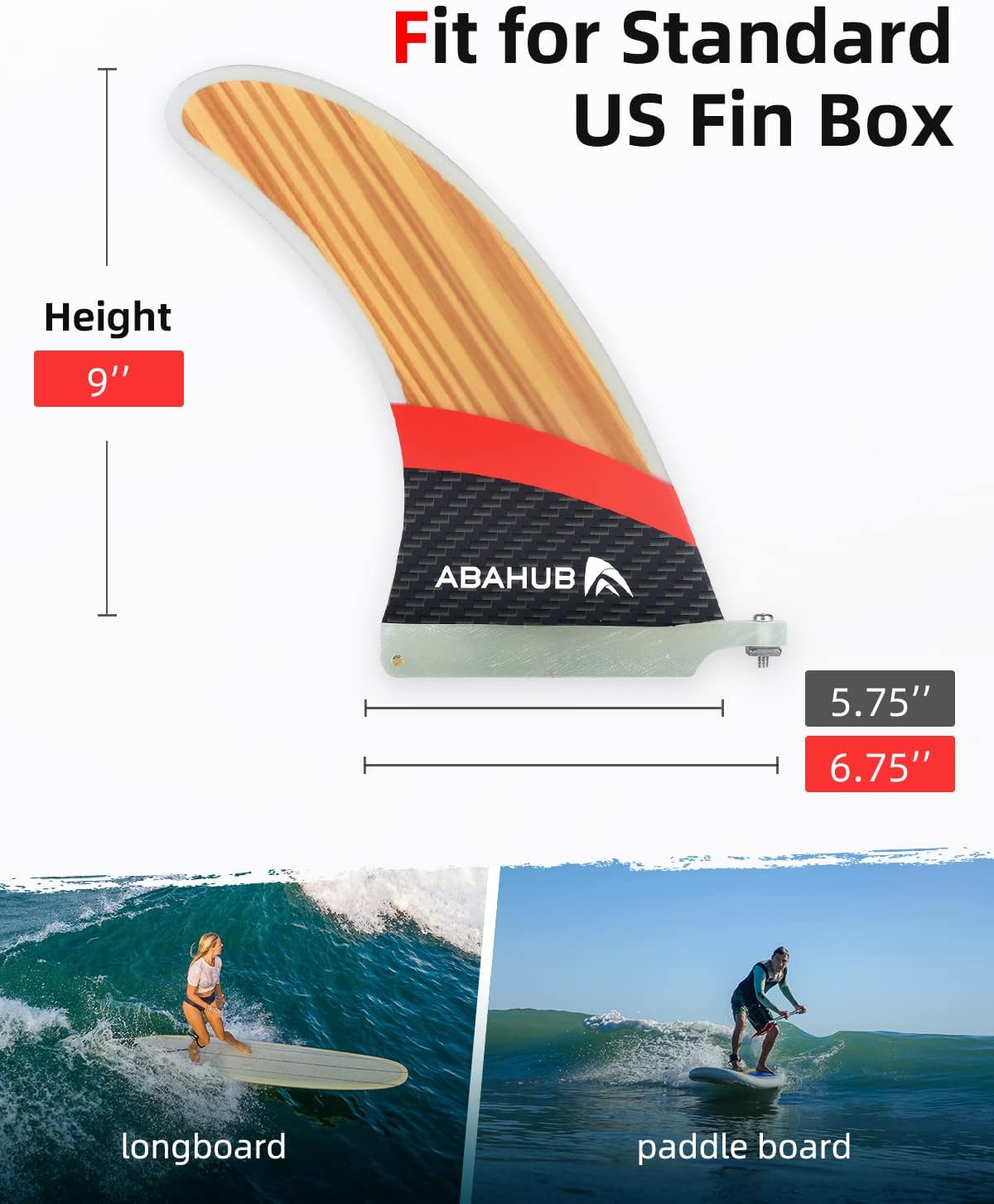 Abahub 9 SUP Single Center Fin No Tool Fin Screw Fiberglass Reinforeced 9 inch SUP Replacement Fins for Surfboard Standup Paddle Board Longboard BlackBlueWhiteFiberglass with Teak Veneer