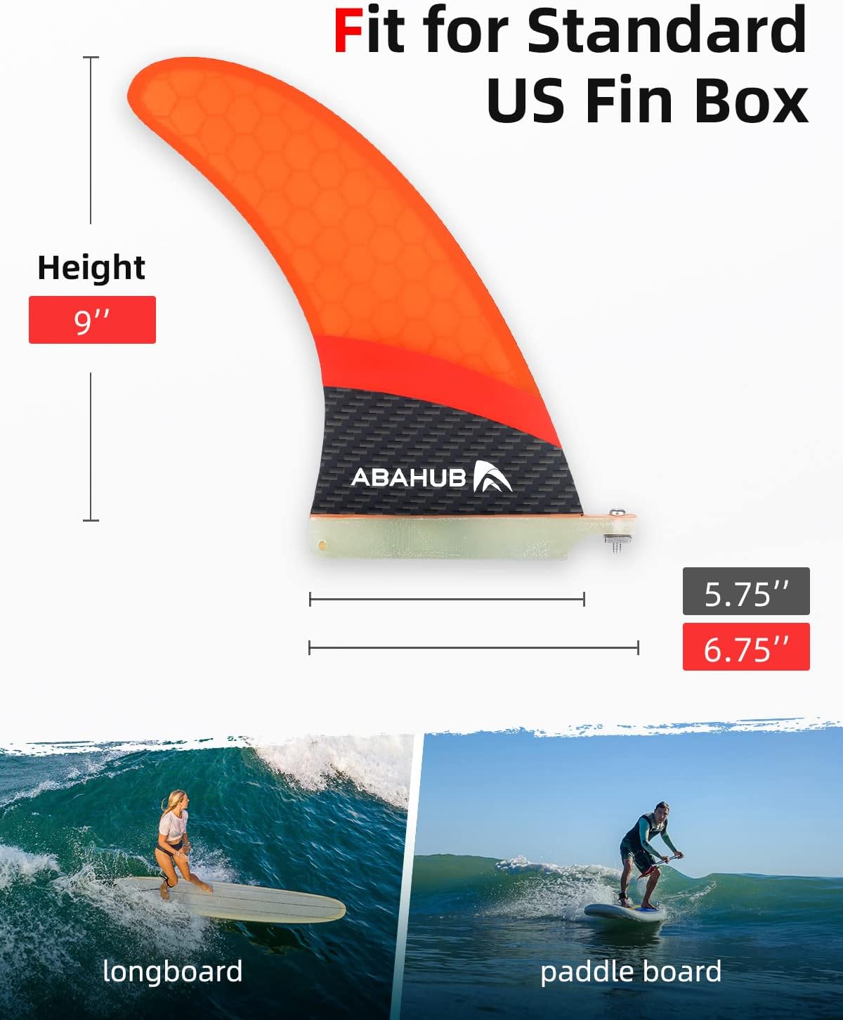 Abahub 9 SUP Single Center Fin No Tool Fin Screw Fiberglass Reinforeced 9 inch SUP Replacement Fins for Surfboard Standup Paddle Board Longboard BlackBlueWhiteFiberglass Orange