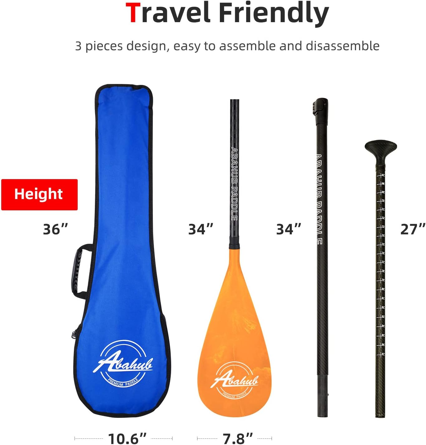 Abahub Carbon SUP Paddles 1 x 3 Section Adjustable 67quot  86quot Carbon Fiber Shaft Lightweight Standup Paddle Oars for Paddleboards with a Carrying BagCarbon Fiber Shaft  Orange Wave Print Plastic Blade