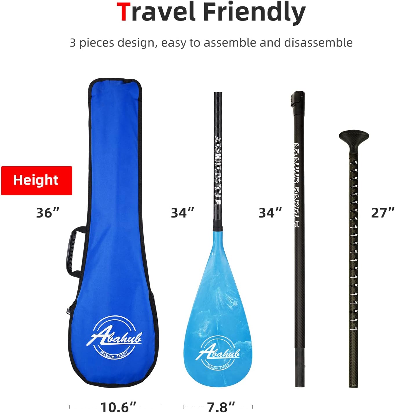 Abahub Carbon SUP Paddles 1 x 3 Section Adjustable 67quot  86quot Carbon Fiber Shaft Lightweight Standup Paddle Oars for Paddleboards with a Carrying BagCarbon Fiber Shaft  Blue Wave Print Plastic Blade