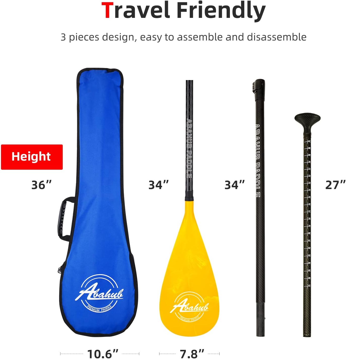 Abahub Carbon SUP Paddles 1 x 3 Section Adjustable 67quot  86quot Carbon Fiber Shaft Lightweight Standup Paddle Oars for Paddleboards with a Carrying BagCarbon Fiber Shaft  Yellow Wave Print Plastic Blad