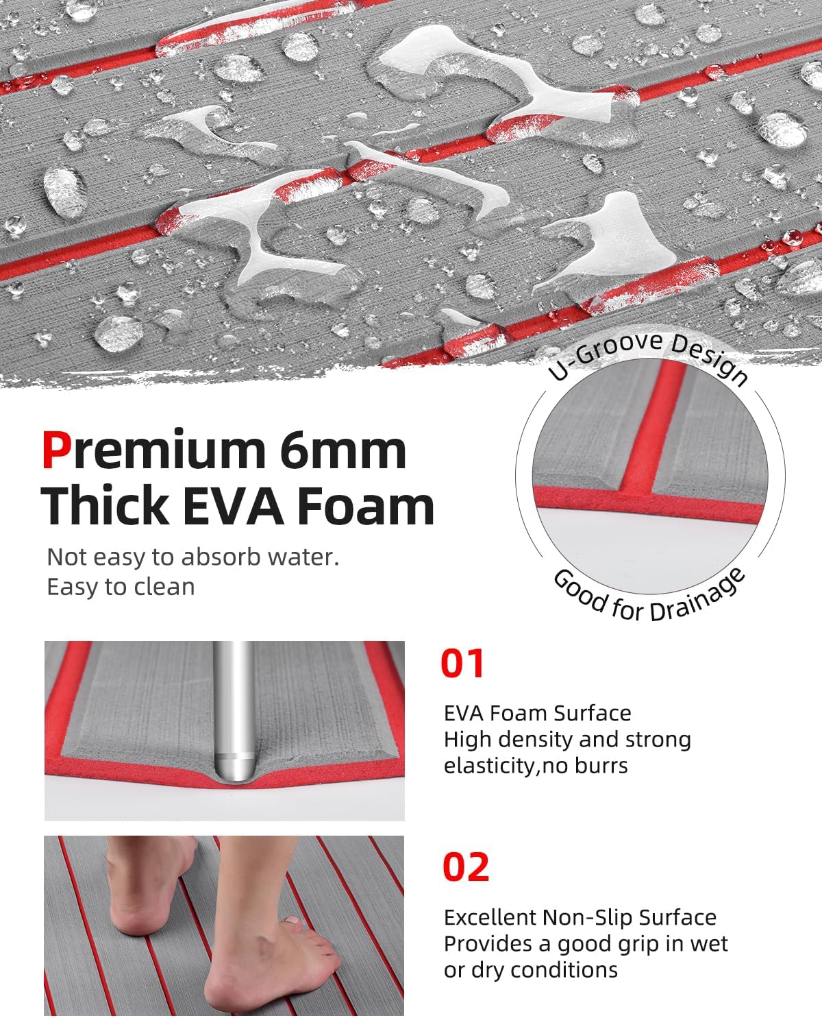 Abahub EVA Foam Boat Decking 96x4563628824168 48x168 SelfAdhesive Faux Teak Marine Flooring Sheet Traction Pad for Boats Surfboard Swim Platform RV FloorGray with Red Lines