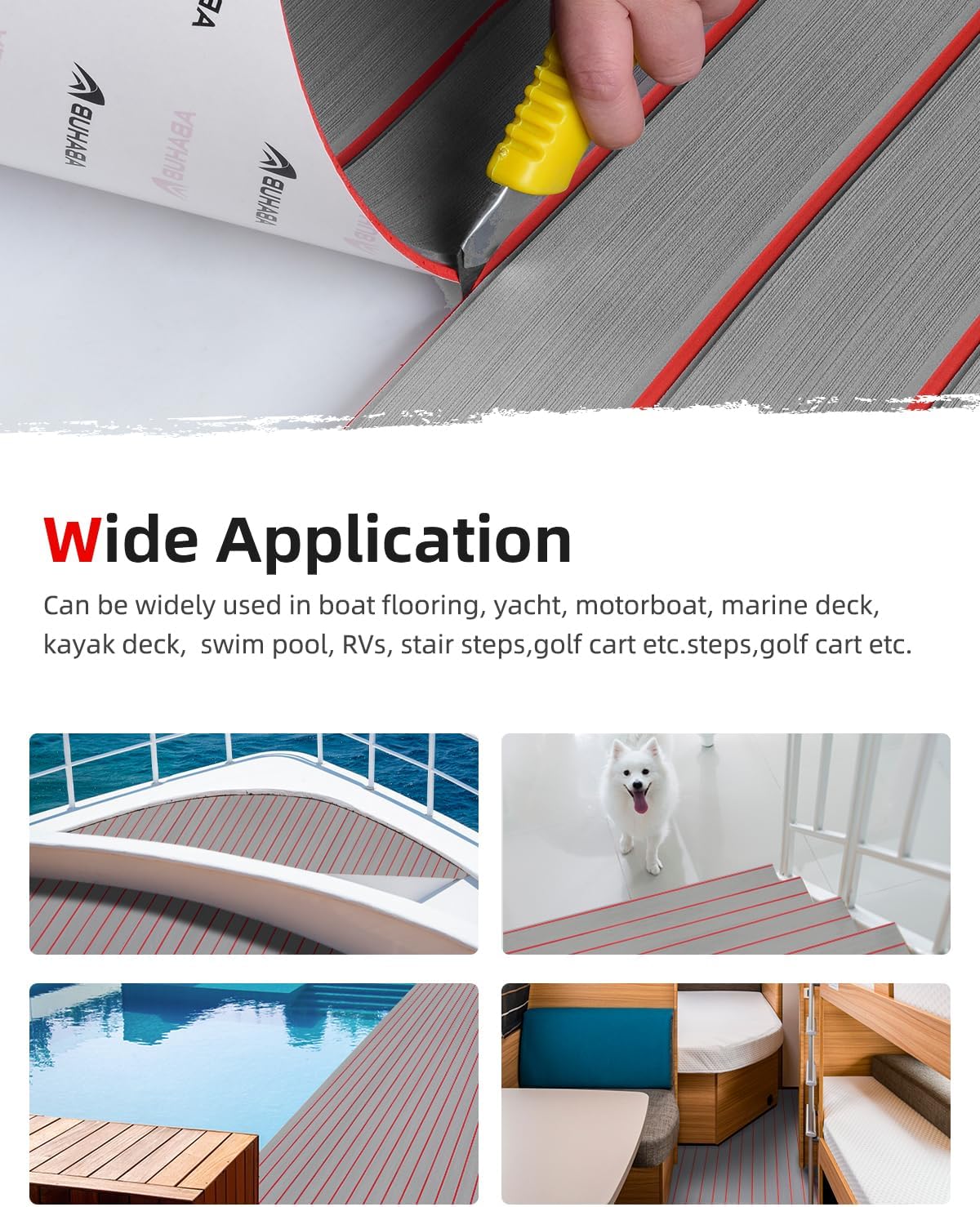 Abahub EVA Foam Boat Decking 96x4563628824168 48x168 SelfAdhesive Faux Teak Marine Flooring Sheet Traction Pad for Boats Surfboard Swim Platform RV FloorGray with Red Lines