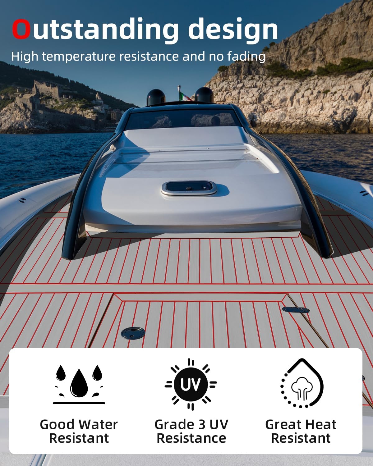 Abahub EVA Foam Boat Decking 96x4563628824168 48x168 SelfAdhesive Faux Teak Marine Flooring Sheet Traction Pad for Boats Surfboard Swim Platform RV FloorGray with Red LinesBorder