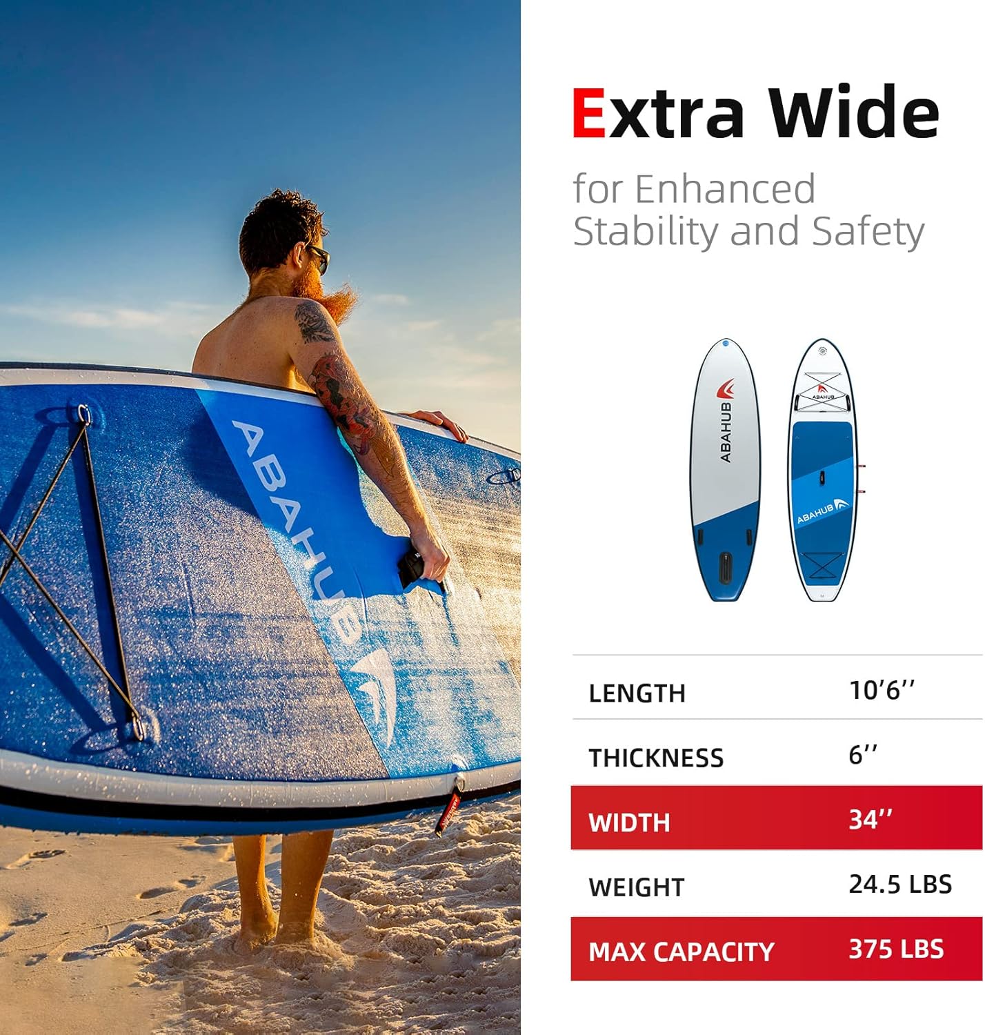 Abahub Inflatable SUP Wide 106quot x 31quot34quot x 106quot iSUP Blue Standup Paddleboard with Adjustable SUP Kayak Paddle for Yoga Paddle Board Kayaking Surf Canoe Fishing34 Blue