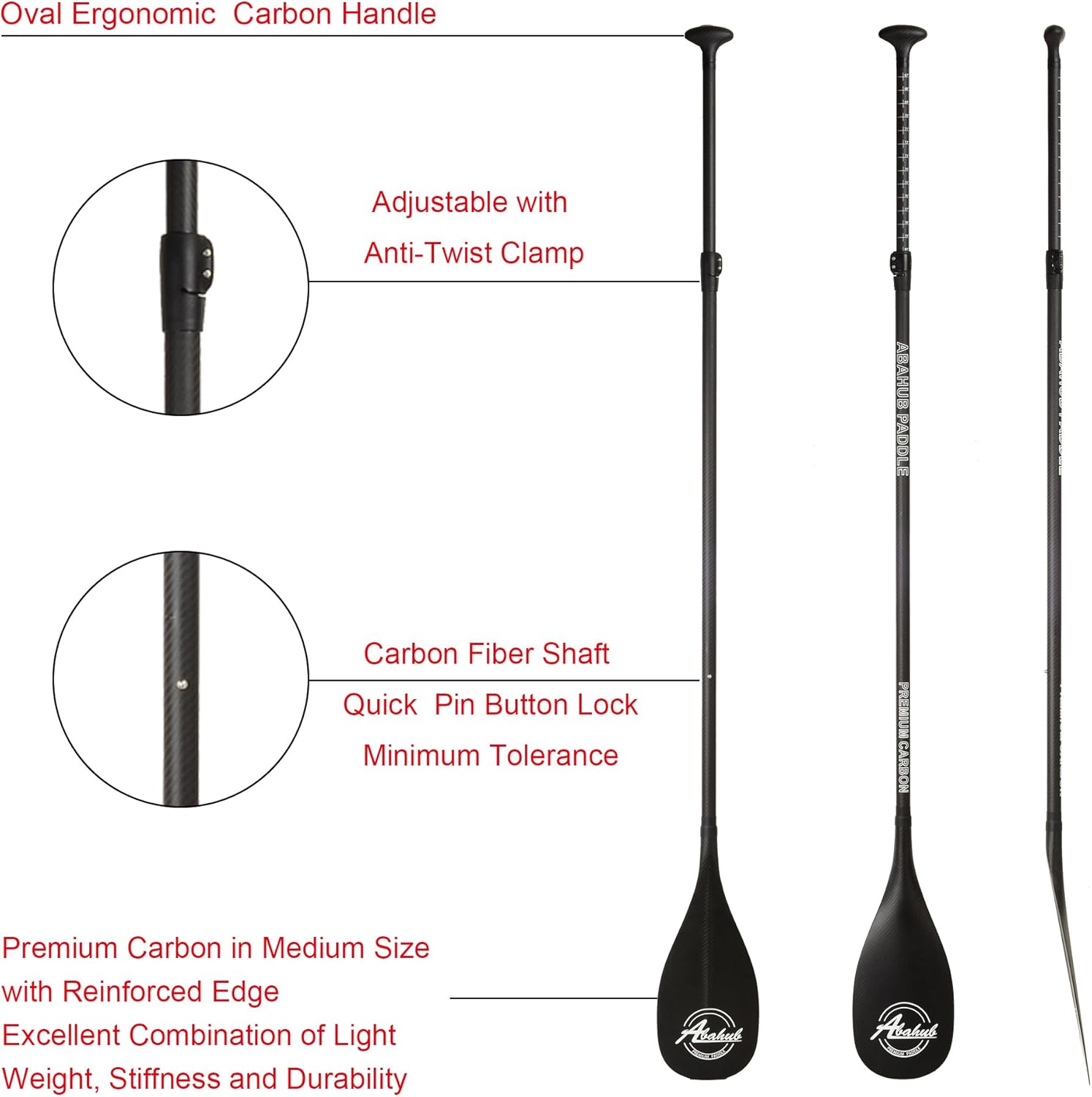 Abahub Premium Carbon Fiber SUP Paddle 3Piece Adjustable Stand Up Paddle Full Carbon Shaft ampamp Blade  Bag