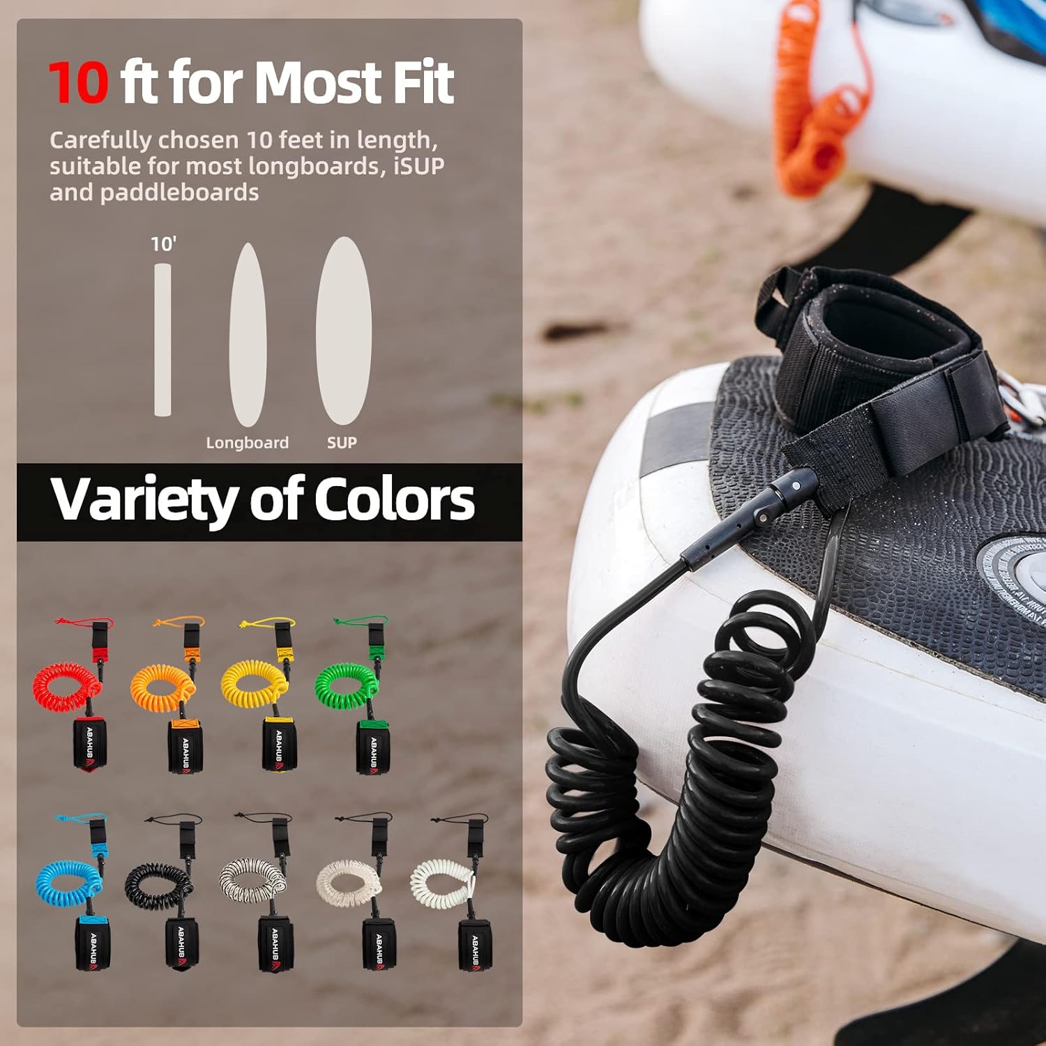 Abahub Premium Coil SUP Leash 10 ft Coiled Paddle Board Leashes 72mm Thick Legrope Strap for Longboard Surfboards Standup Paddleboards iSUP Replacement Leg Rope 8 Colorswhite
