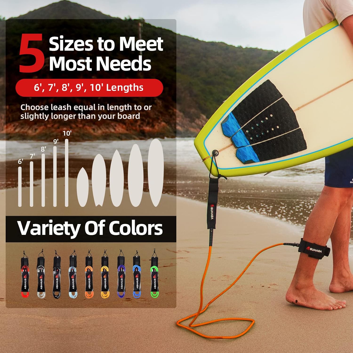 Abahub Premium Surfboard Leash 678910 ft Straight Surf Board Leashes 67mm Legrope Strap for Shortboard LongboardOrange