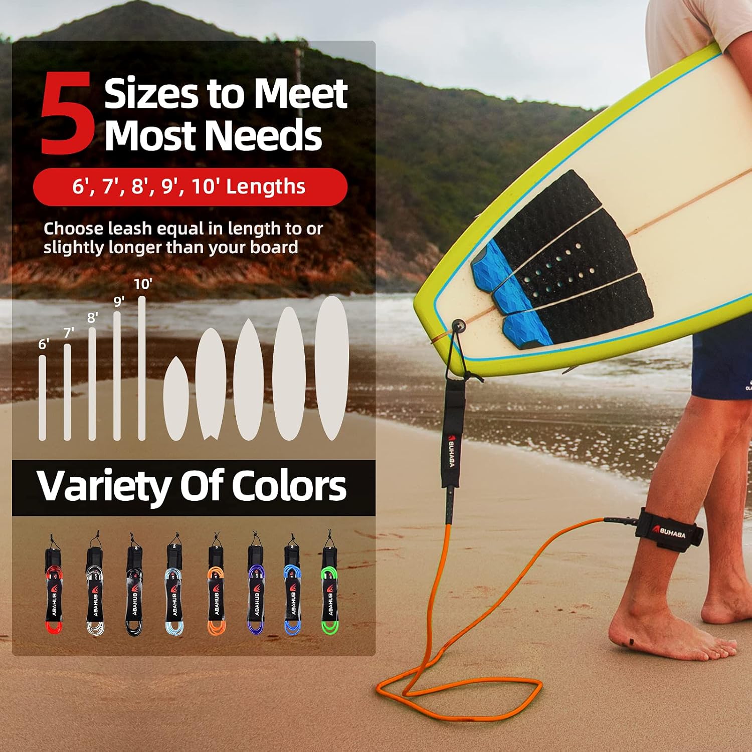 Abahub Premium Surfboard Leash 678910 ft Straight Surf Board Leashes 67mm Legrope Strap for Shortboard LongboardOrange