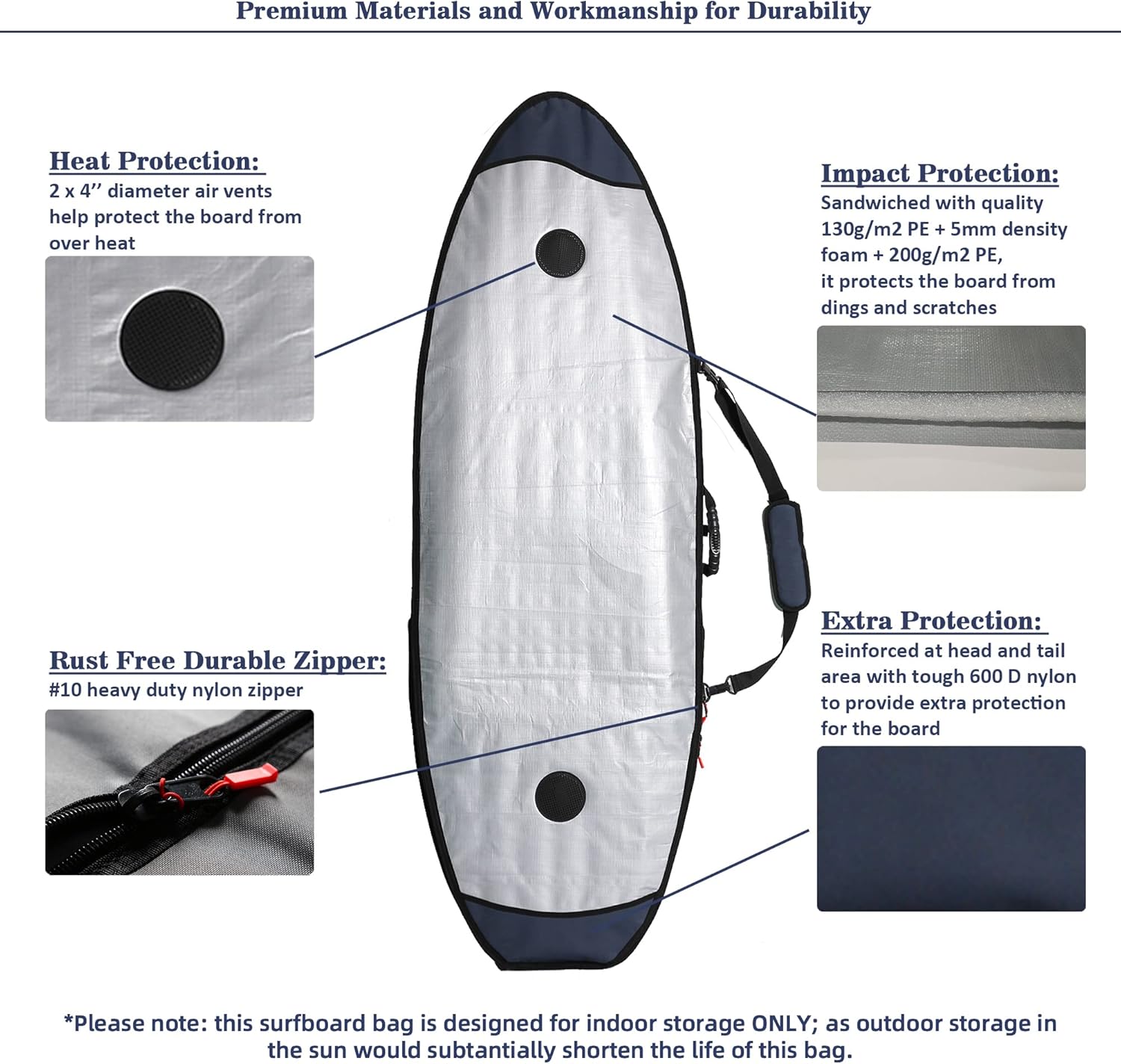 Abahub Premium Surfboard Travel Bag Foam Padded Surf Board Cover Shortboard Carrying Bags for Surfing Outdoor Airplane Car Truck60 66 70 76 80 86 90 96 100Dark Blue
