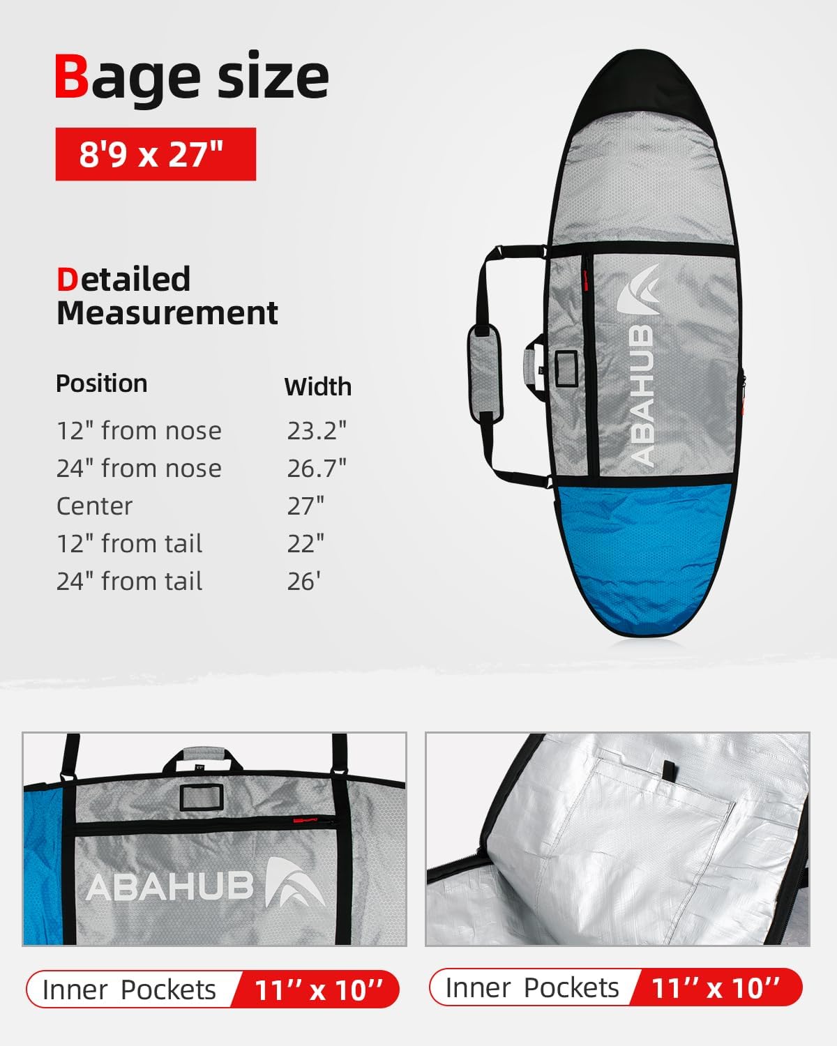 Abahub Premium Surfboard Travel Bag Foam Padded Surf Board Cover Shortboard Carrying Bags for Surfing Outdoor Airplane Car Truck60 66 70 76 80 86 90 96 100Light Blue