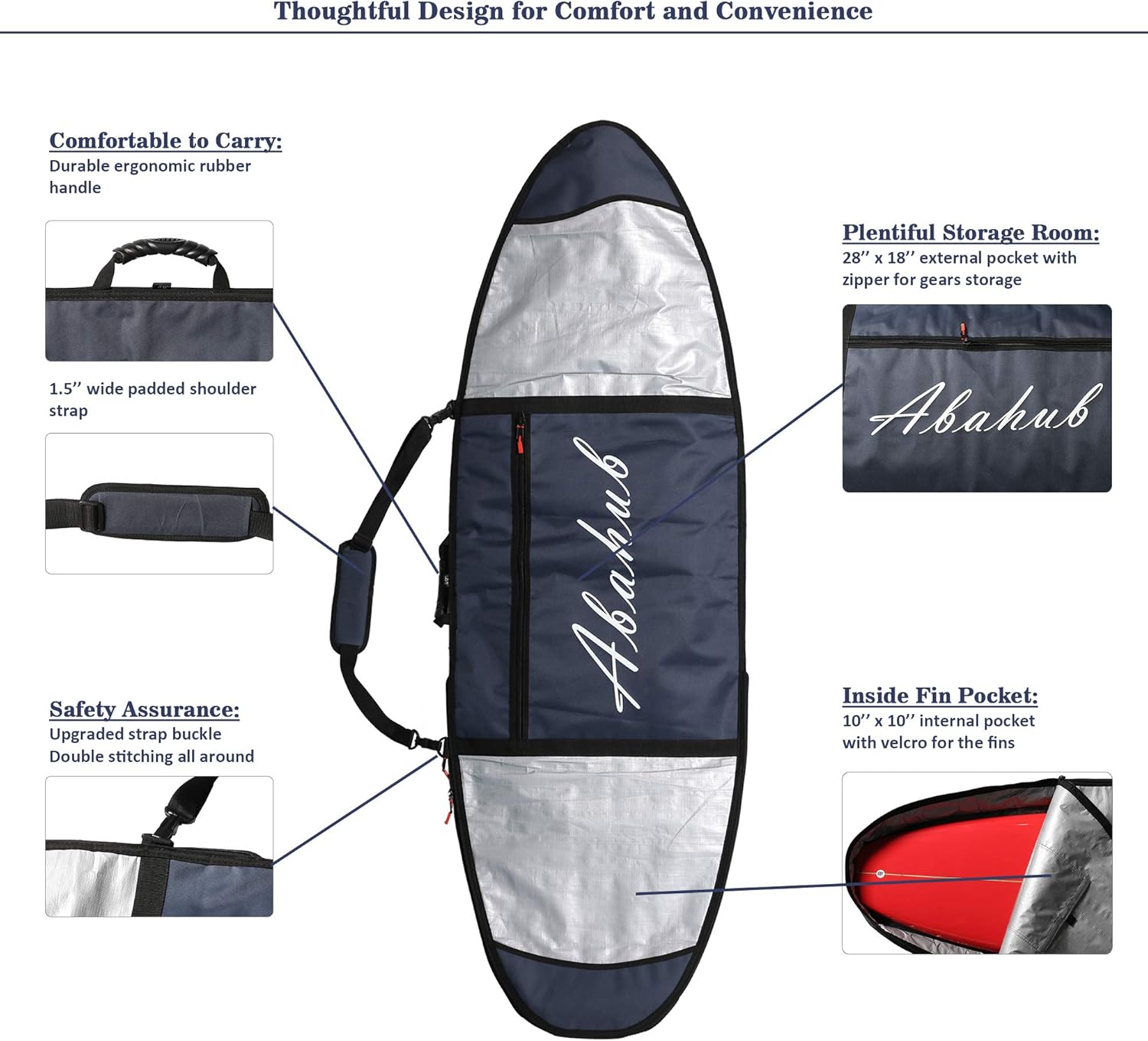 Abahub Premium Surfboard Travel Bag Foam Padded Surf Board Cover Shortboard Carrying Bags for Surfing Outdoor Airplane Car Truck60 66 70 76 80 86 90 96 100Dark Blue