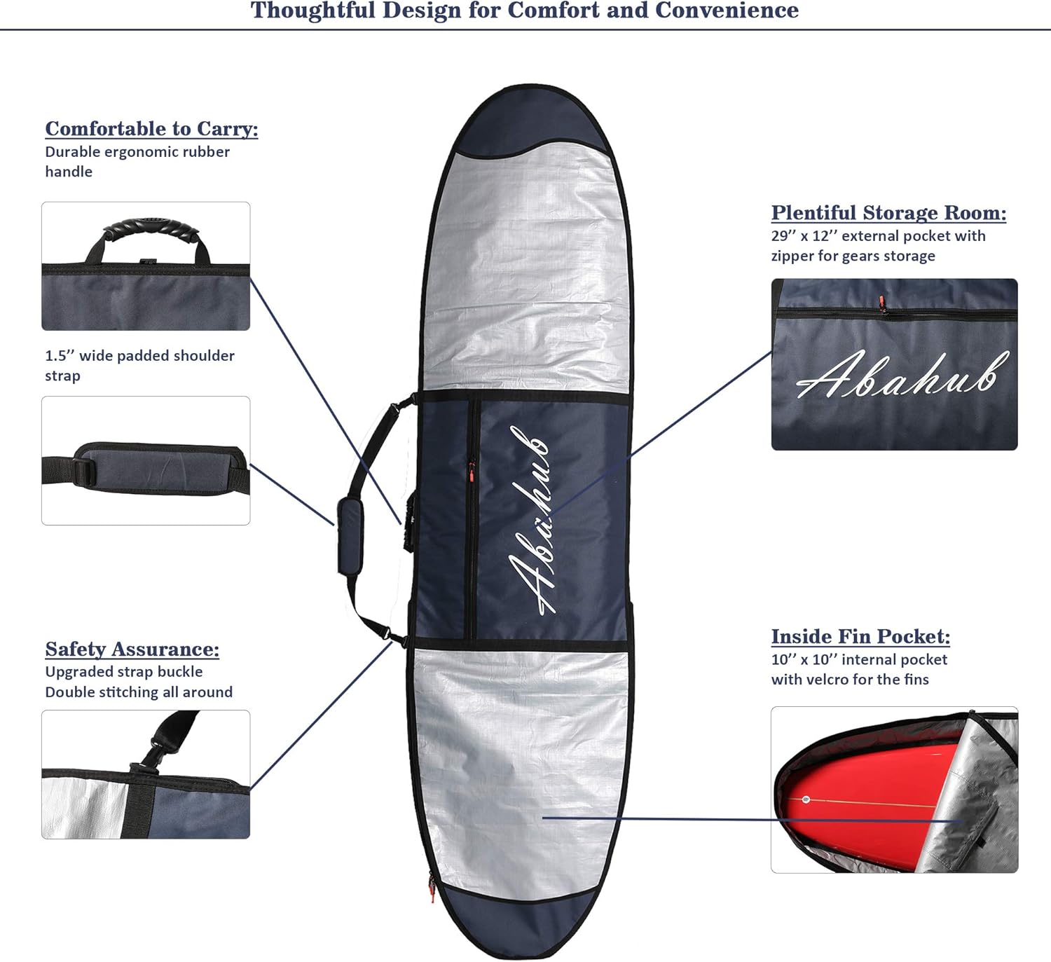 Abahub Premium Surfboard Travel Bag Foam Padded Surf Board Cover Shortboard Carrying Bags for Surfing Outdoor Airplane Car Truck60 66 70 76 80 86 90 96 100Dark Blue