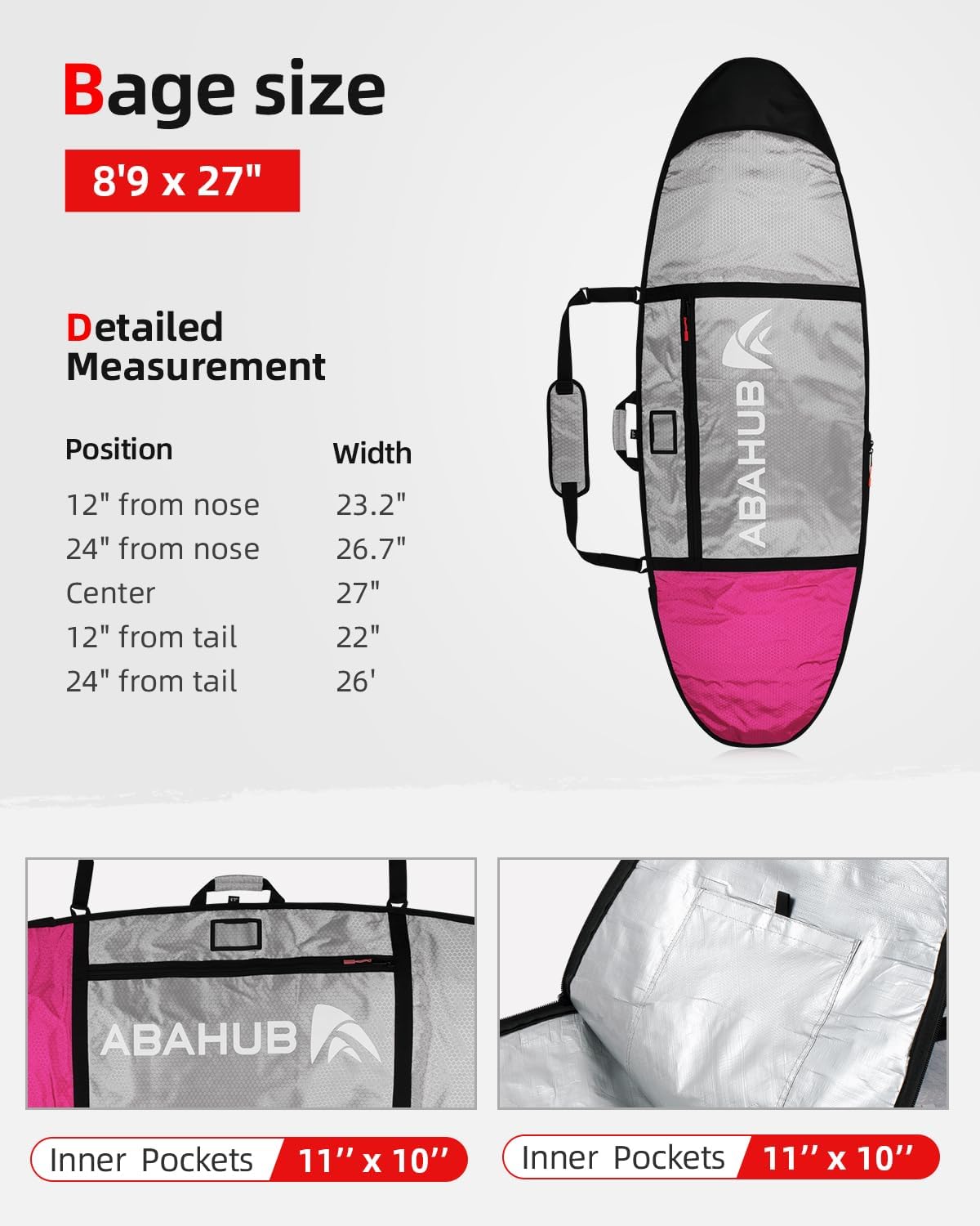 Abahub Premium Surfboard Travel Bag Foam Padded Surf Board Cover Shortboard Carrying Bags for Surfing Outdoor Airplane Car Truck60 66 70 76 80 86 90 96 100Deep Pink