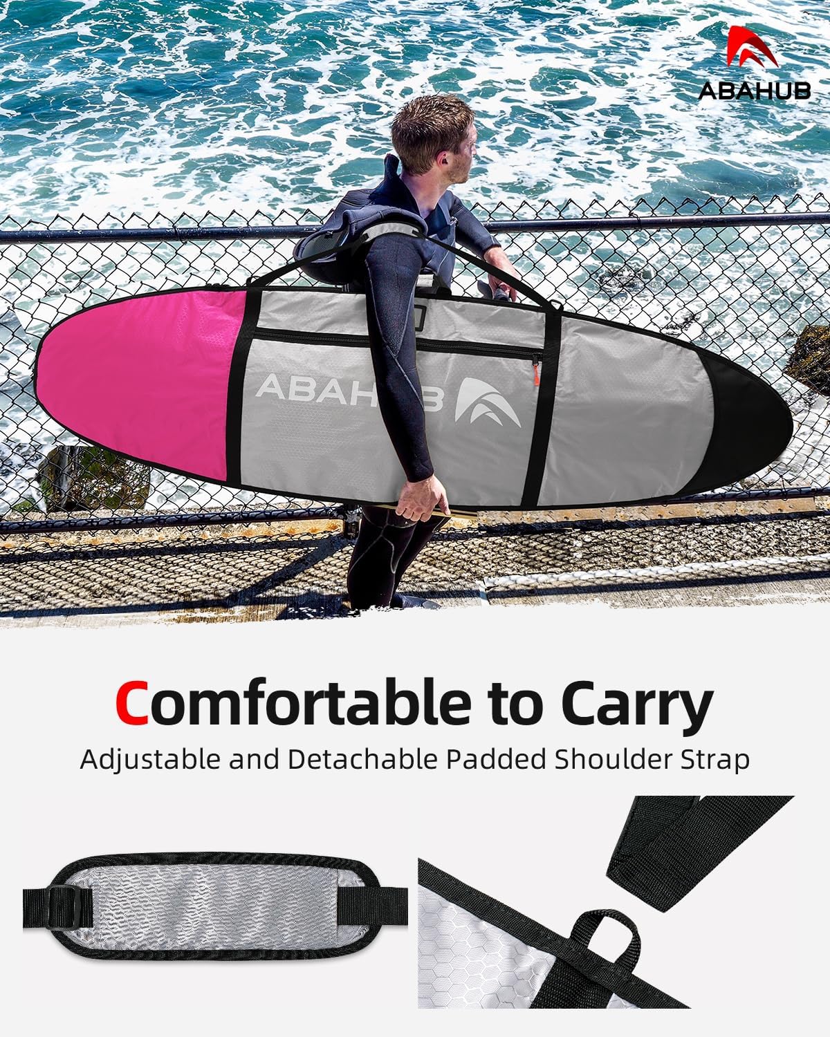 Abahub Premium Surfboard Travel Bag Foam Padded Surf Board Cover Shortboard Carrying Bags for Surfing Outdoor Airplane Car Truck60 66 70 76 80 86 90 96 100Deep Pink